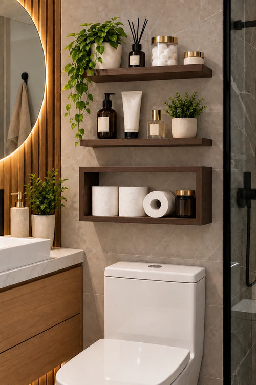 Set 3 étagères murales en bois foncé au-dessus des toilettes